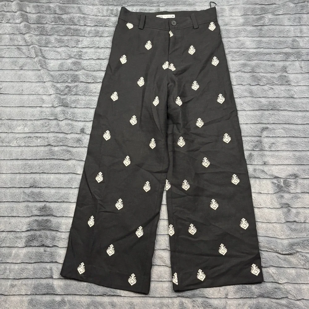 Zara Womens Black Embroidered Linen Blend Wide Leg Pants High Waist Small 26